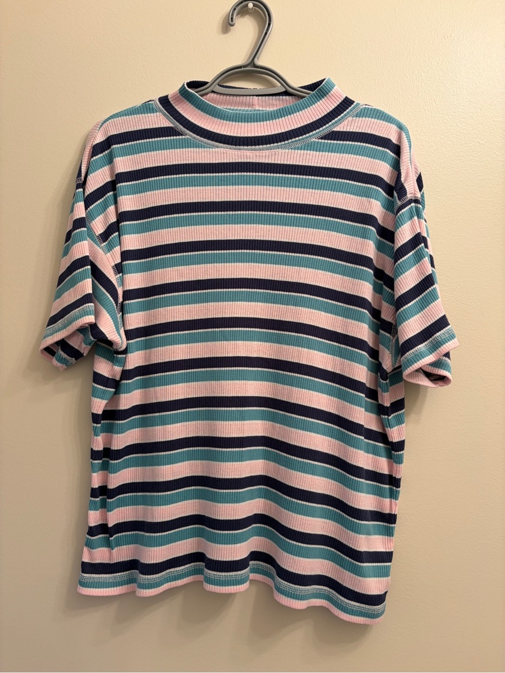 Striped Short-Sleeve Tee in Pink, Teal & Navy- Mock Neck